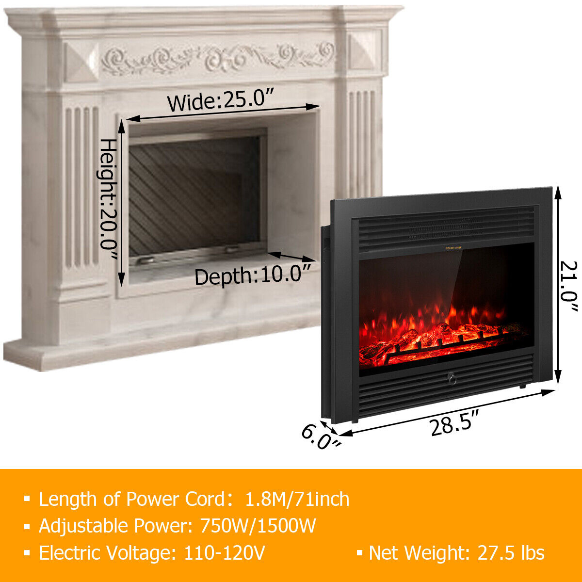 28.5 Inch Electric Fireplace Recessed With 3 Flame Colors - Image 3